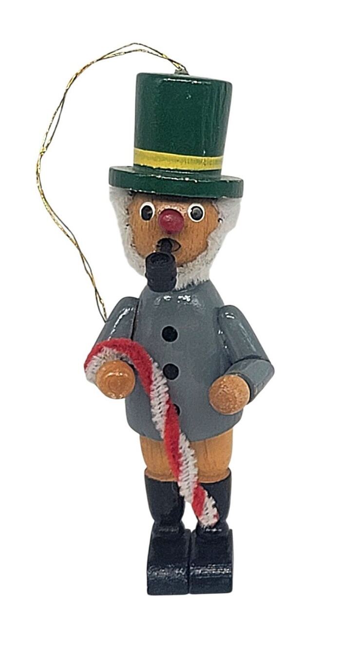 Vintage German Wood Man Green Top Hat Pipe Candy Cane Erzgebirge Style Ornament